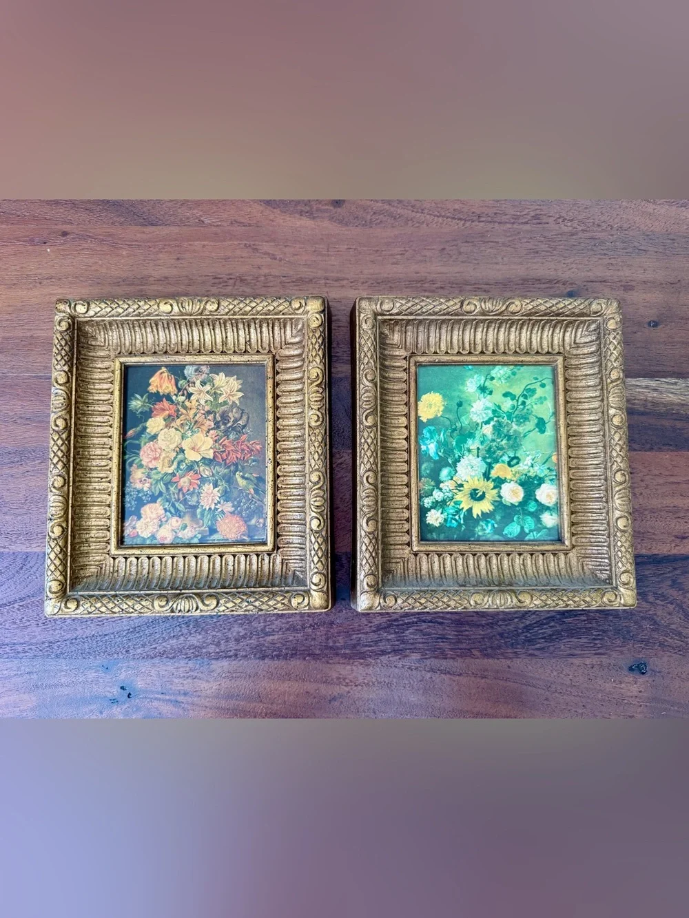 2 VTG Floral Still Life Wall Art 1970s Gold Framed  Baroque Syroco Style Plastic